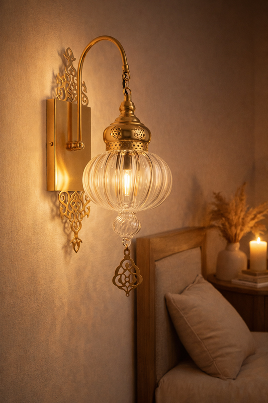 Unique Gold Sconce Wall Light - Handcrafted Ribbed Glass Globe Lamp