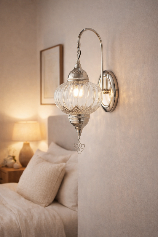 Handcrafted Silver Bohemian Wall Sconce - Unique Shadow Pattern Glass Light for Bedroom & Bathroom