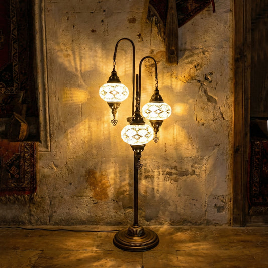 Brass Turkish Mosaic Floor Lamp, 3 Globe Standing Light, Blue Moroccan Lantern, Boho Home Decor, Unique Housewarming Gift, Bedside Lighting - Anatolia Lighting