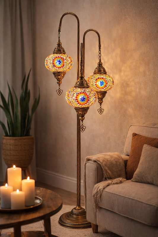 3-Globe Turkish Mosaic Floor Lamp - Handcrafted Blue Moroccan Standing Light in Antique Brass