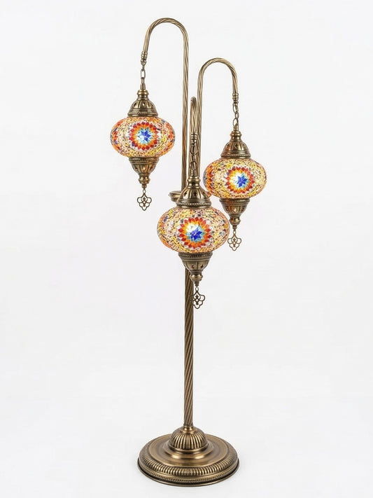 3-Globe Turkish Mosaic Floor Lamp - Handcrafted Blue Moroccan Standing Light in Antique Brass