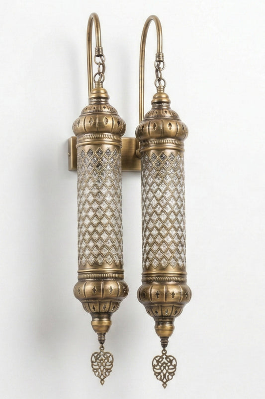 Handmade Turkish Double Wall Sconce | Antique Brass Filigree Cylinder Moroccan Lamp